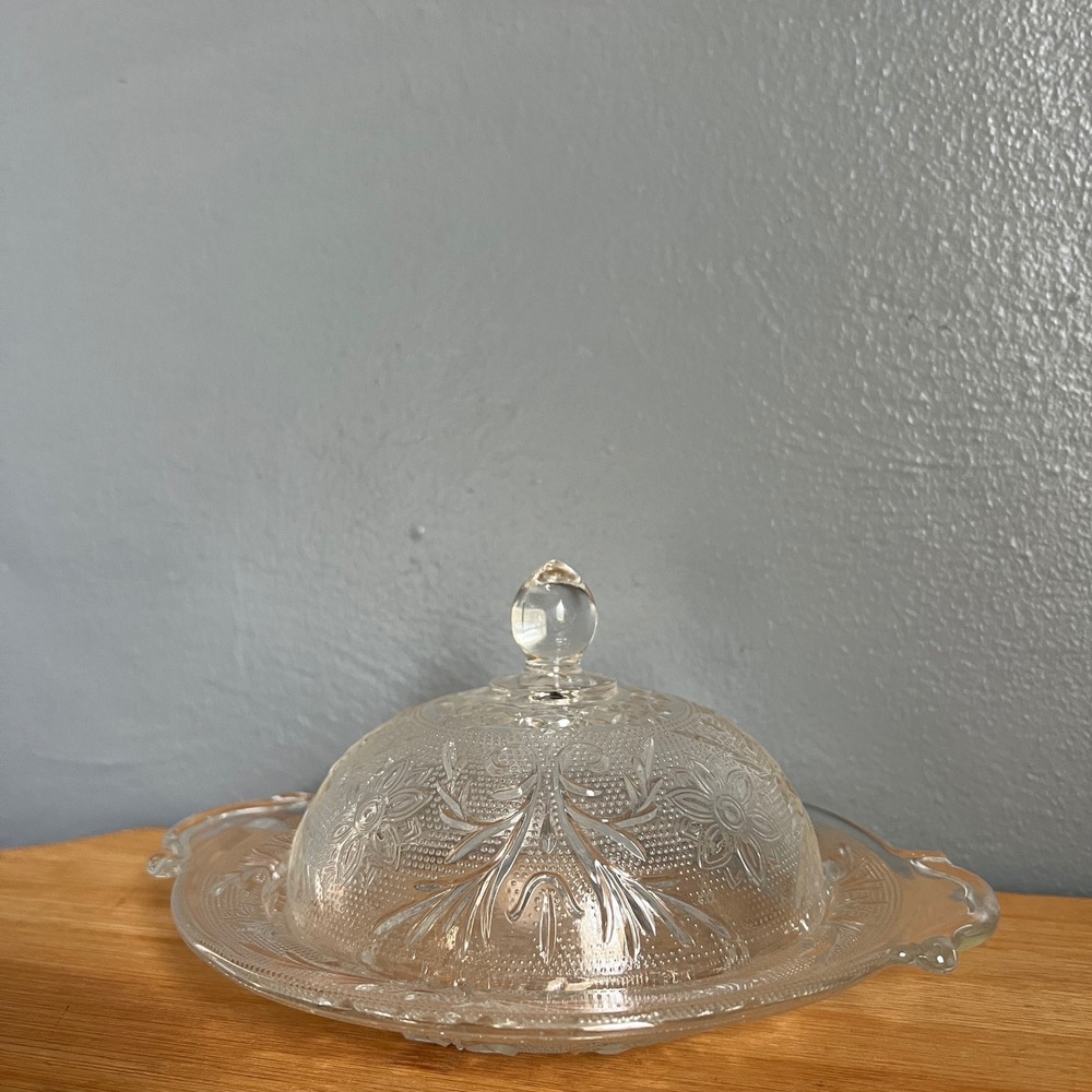 Vintage Clear Pressed Glass‎ Round Butter Dish Floral Domed Lid 2-Piece Set